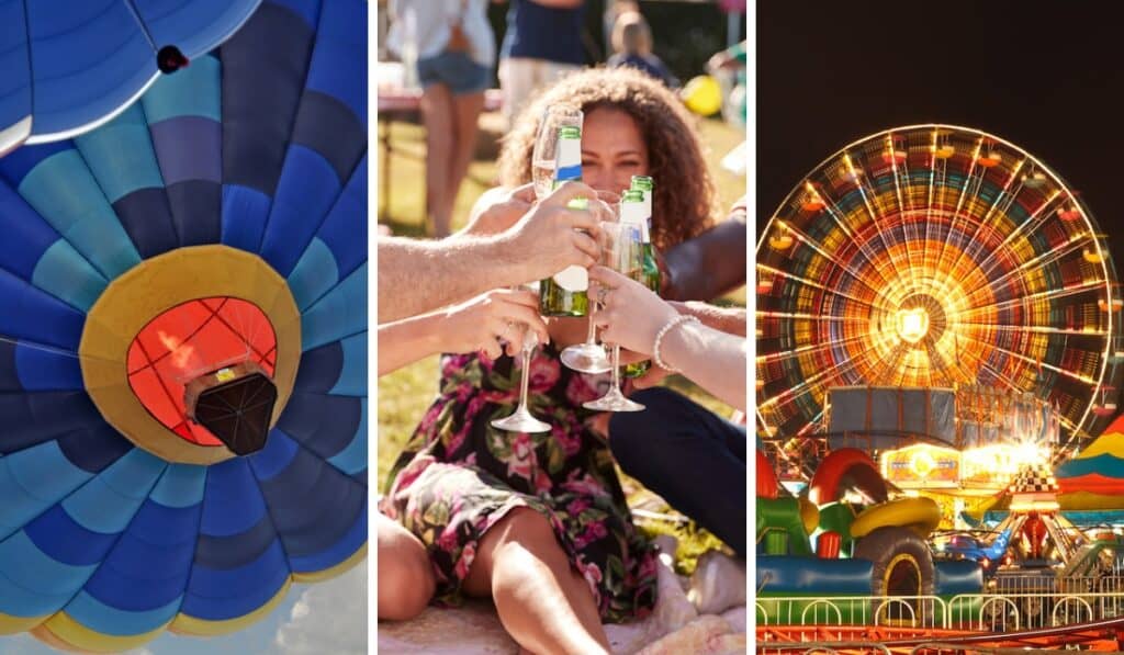 A hot air balloon, people toasting at a beef festival, a ferris wheel at night.