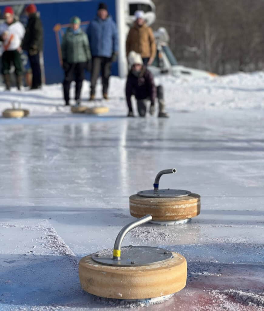 Curling with wheels of cheese in Vermont.