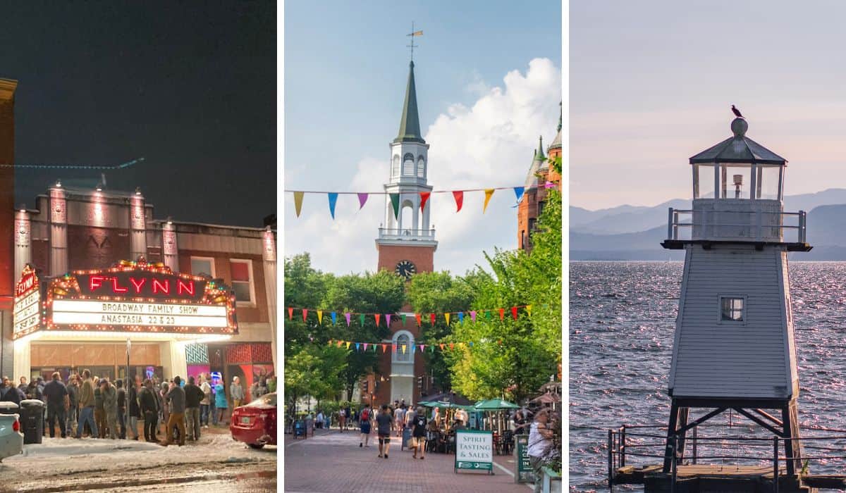 A collage of photos: The Flynn in Burlington, Church Street Marketplace, and a lighthouse on Lake Champlain.