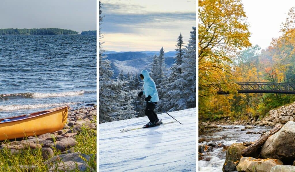 A collage of outdoor activities in Vermont   - canoeing, skiing, and hiking.