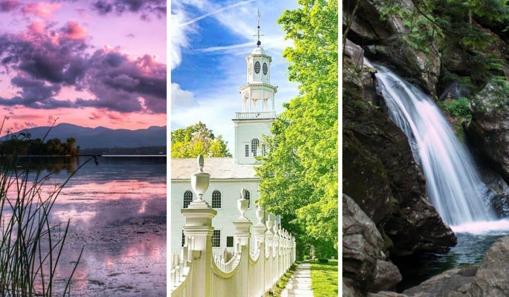 sunset over Lake Champlain, Old First Church in Bennington, and Bingham Falls in Stowe. 