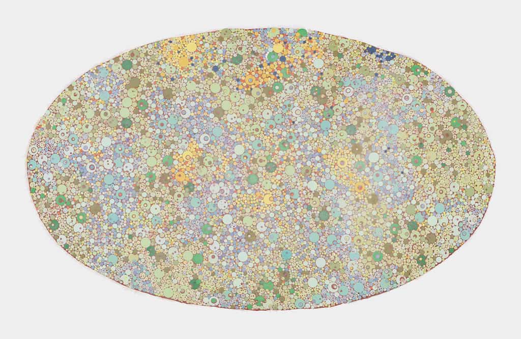 Howardena Pindell, "Cosmos (#112)" (2022), handmade abaca paper with embedded letterpress printed, punched, and intaglio printed paper dots, 36 x 60 inches, from "Making Space." Courtesy of Garth Greenan Gallery, NY.