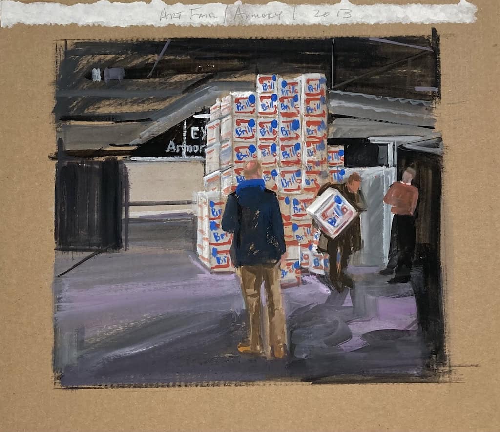 Laura Chasman, "ART FAIR SCENE #26" (2014), gouache on FedEx mailing box, 11 x 12.5 x 2 inches, from "Here Today, Gone Tomorrow"