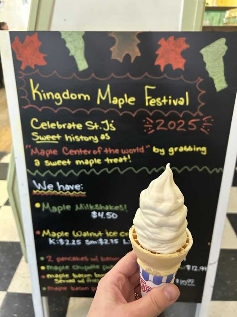 A sign advertising maple treats at the Kingdom Maple Festival in St. Johnsbury.