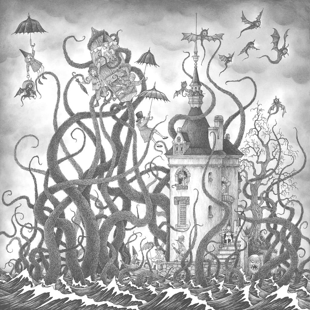  John Kenn Mortensen, "A Storm From Below" (2024), ink on paper, 17 x 17 inches, from "Dream Homes"