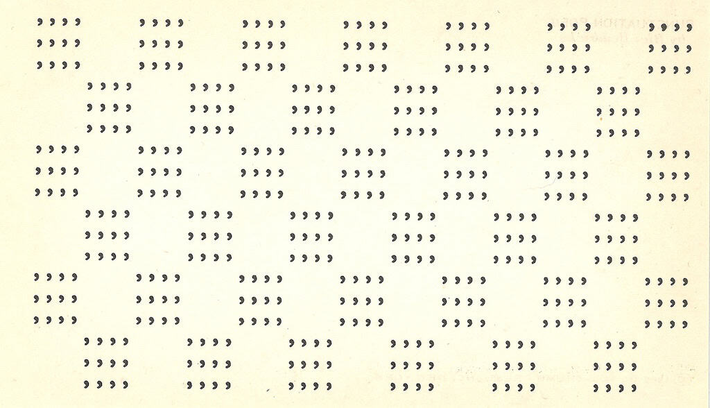 Nye Ffarrabas, "Punctuation Poem" (1966), ink on card, 3.375 x 5.5 inches. Courtesy of the artist and C.X. Silver Gallery.