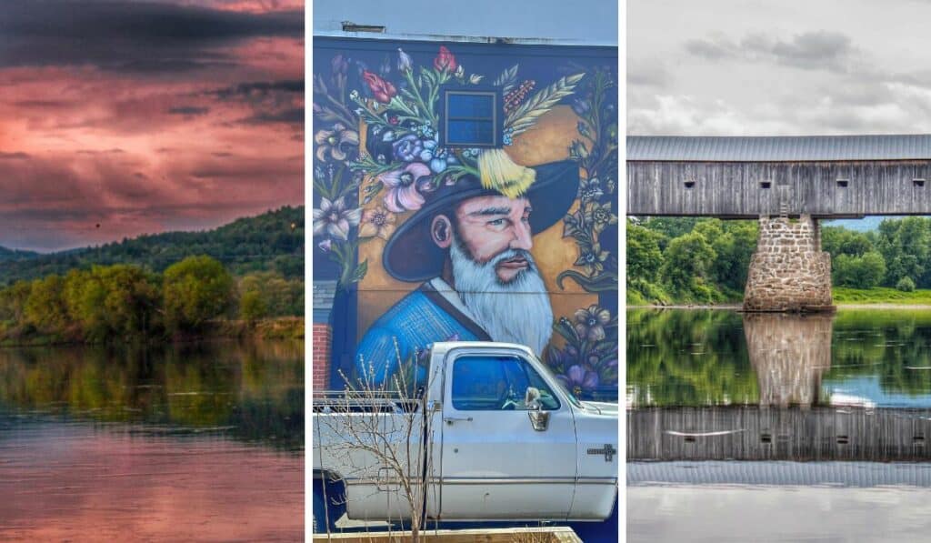 The Connecticut River in Windsor, a mural in Bellows Falls, and the Cornish-Windsor Covered Bridge, all found along the Connecticut River Byway.  