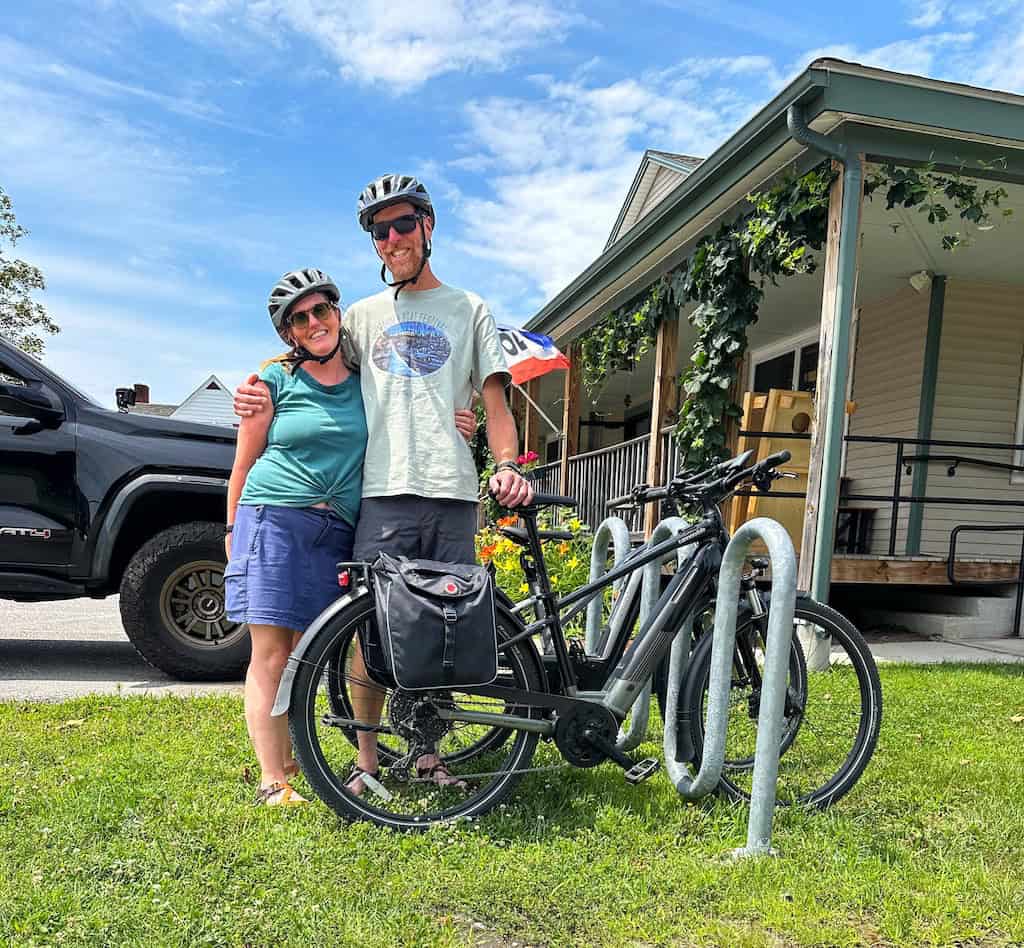 Tara and Eric with their bikes in front of Rock Art Brewery in Morrisville. 
