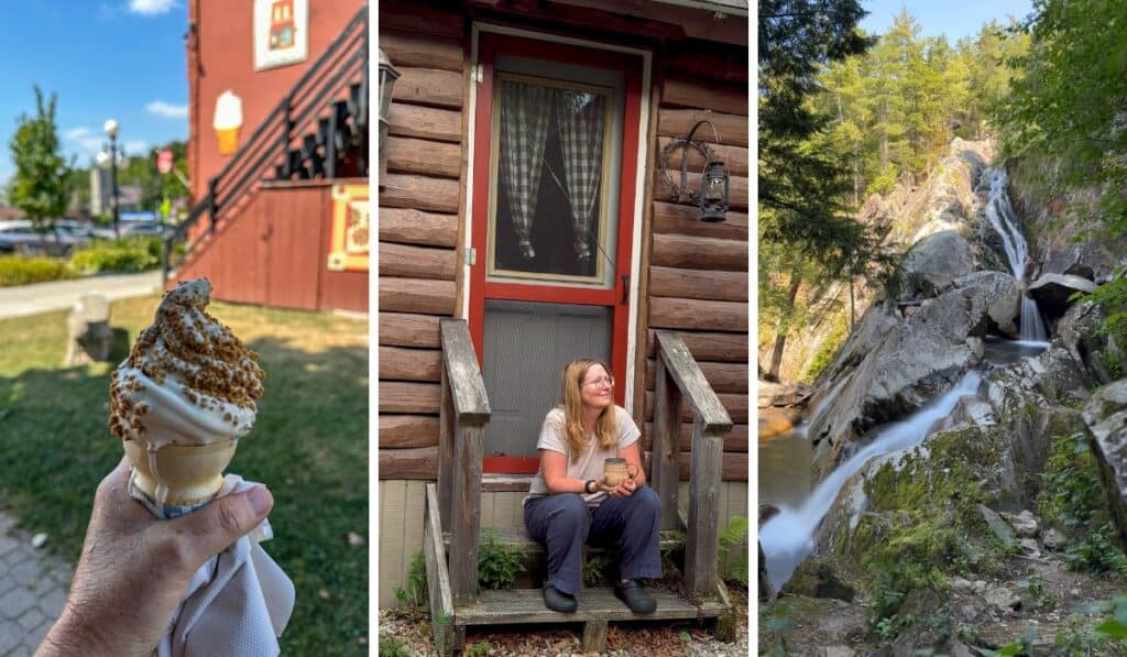 A Vermont creemee, Tara sitting on a stoop, and the beautiful Falls of Lana.