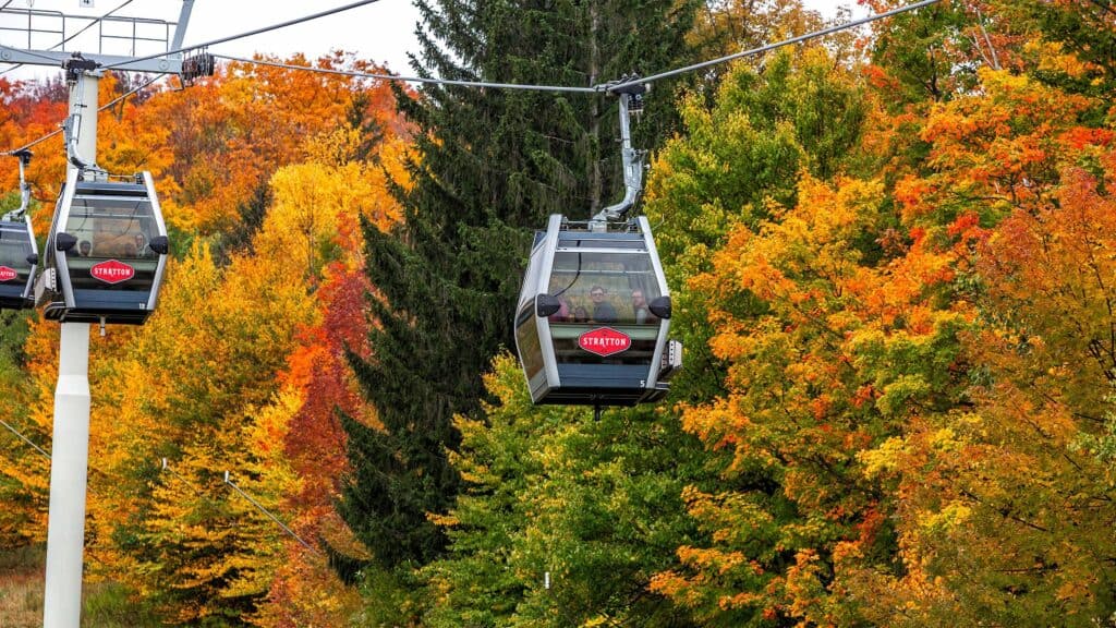 The gondola at Stratton Mountain Resort during fall foliage. 