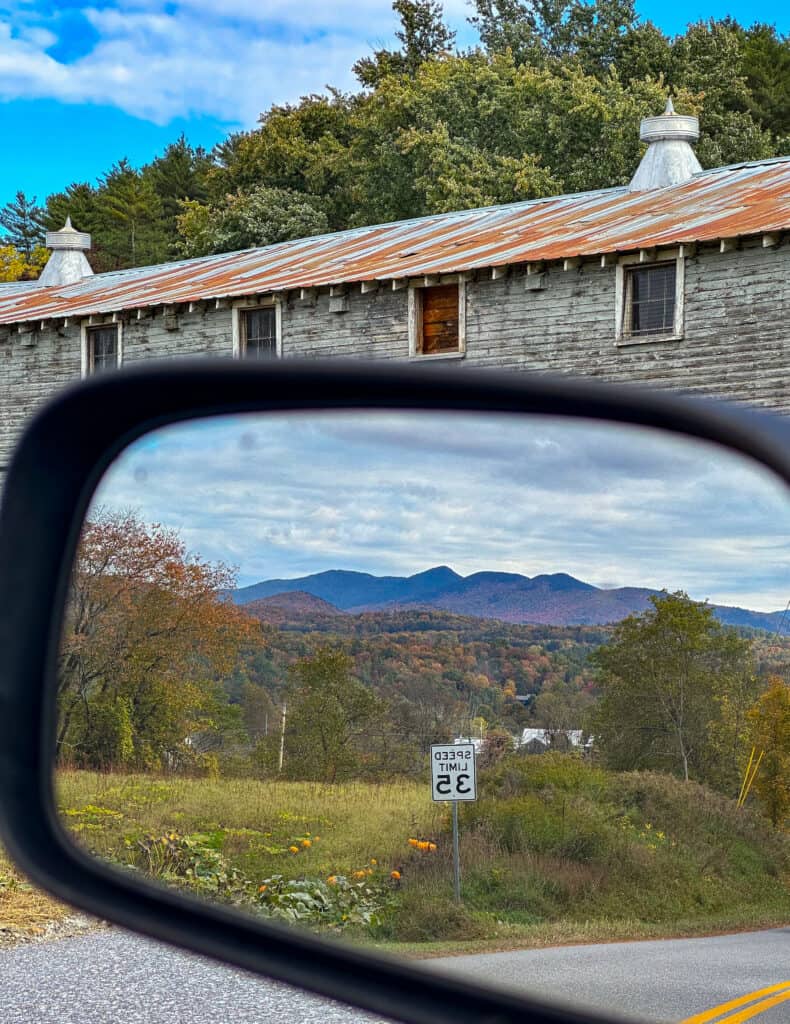 The Green Mountains in the rearview mirror.