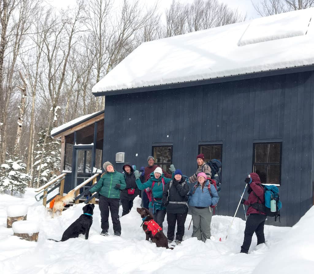 Our crew (minus a few) in front of Grout Pond hut. 