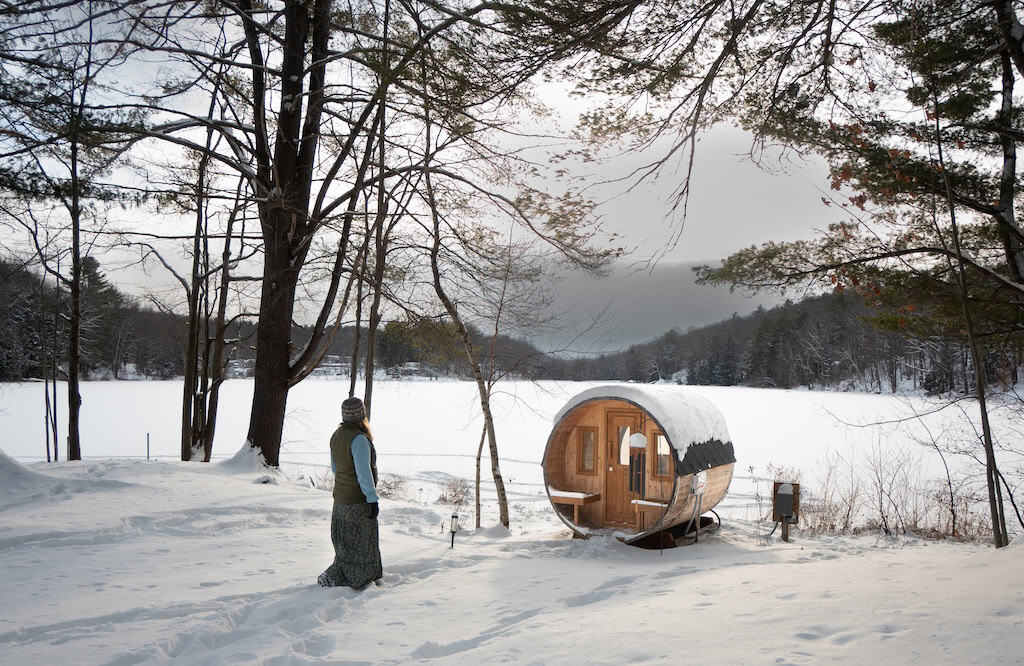 Enjoying the lakeside sauna.