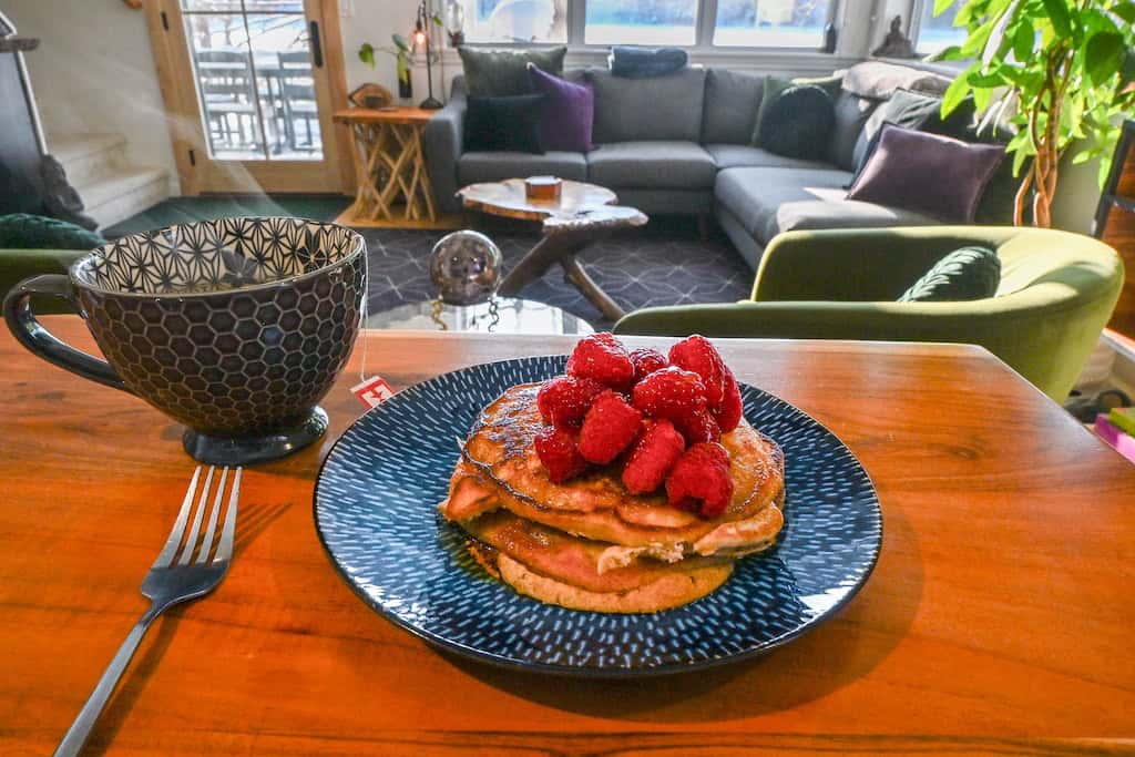 Pancakes with Vermont maple syrup and raspberries.