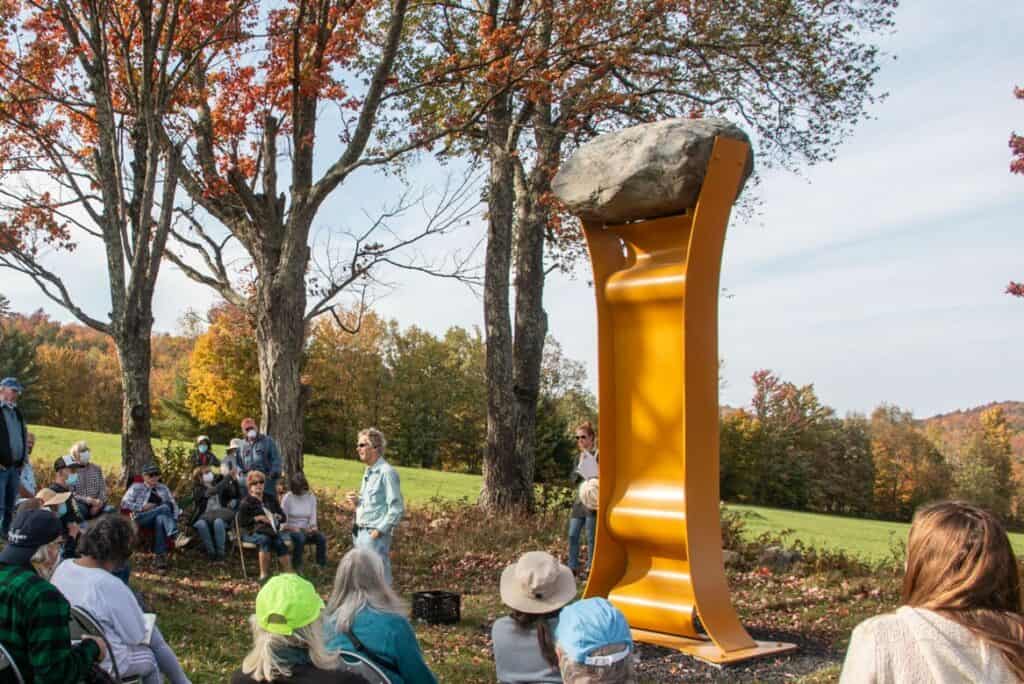 A special gathering at Cold Hollow Sculpture Park featuring the artist and a crowd of guests. 