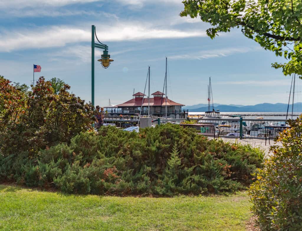 Summer on the Burlington waterfront with the Adirondack Mountains in the background.