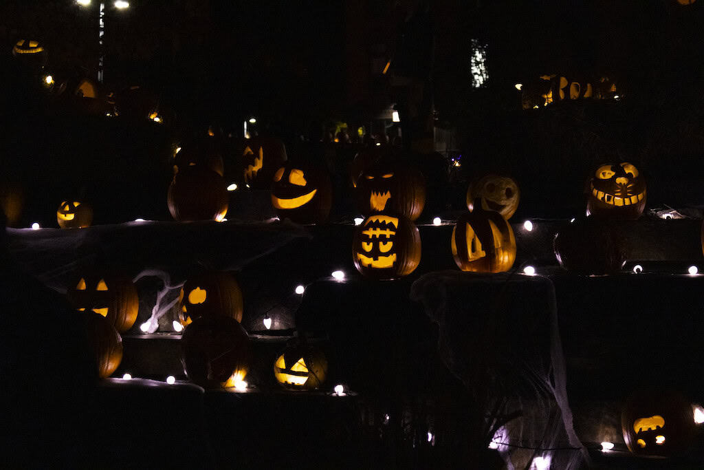 Jack-o'-lanterns after dark in downtown Winooski.